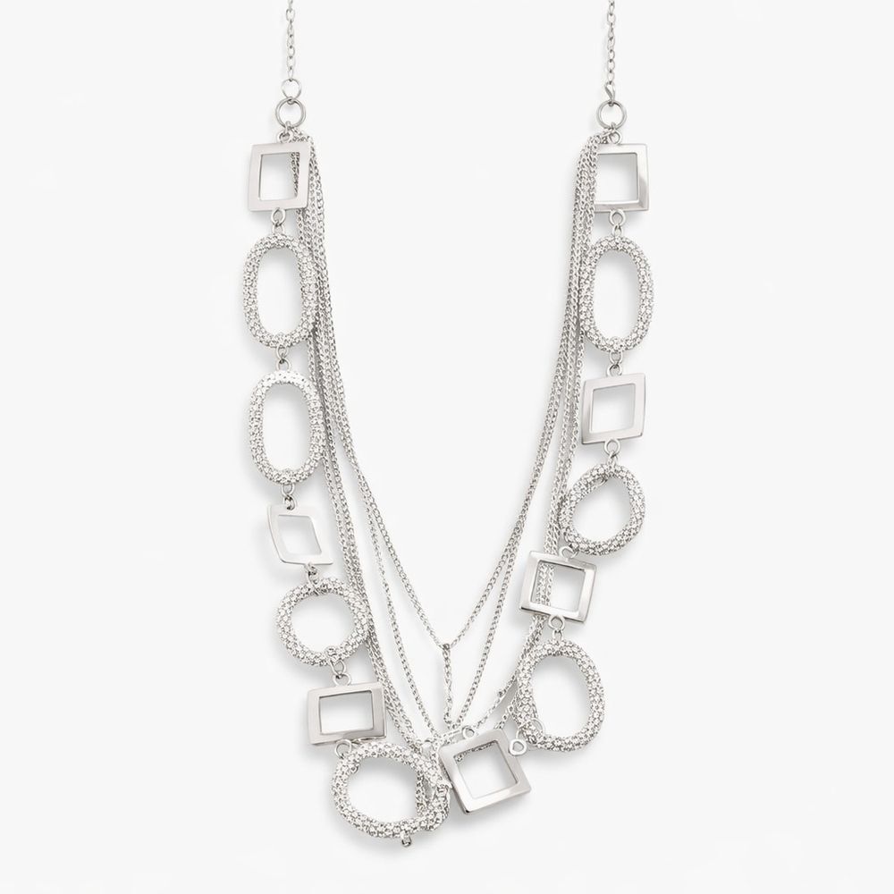 Silver Tone Geometric Statement Necklace Long Layered Chain Modern Fashion Jewel
